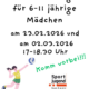 Probetraining für 6-11 jährige Mädchen. Komm vorbei. Und eine Grafik von einer Volleyballspielerin und das Logo vom Sportbund Sachsen.